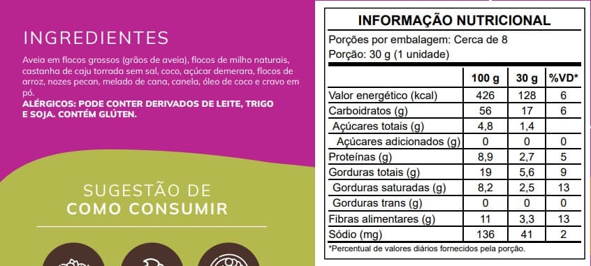 Tabela nutricional e ingredientes